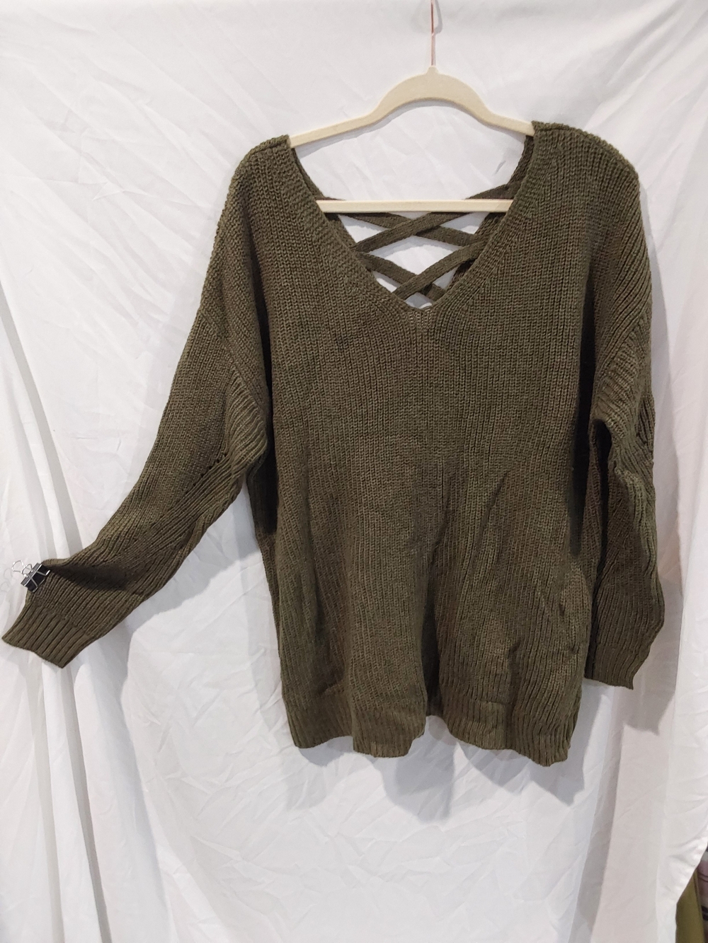 Crisscross V-Neck Knit Sweater in Olive